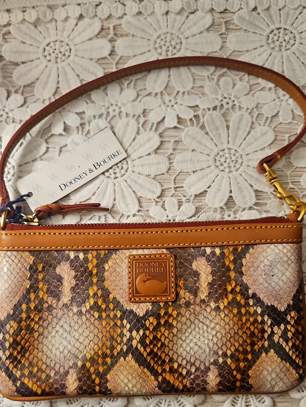 Dooney & Bourke Brown and Tan Snake-Print Leather Wristlet